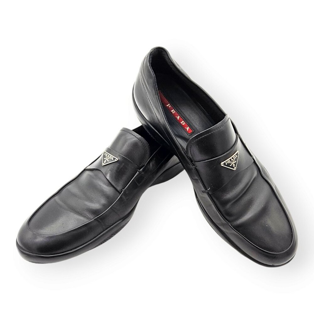 PRADA Men's Triangle Logo Penny Loafers Dress Shoes In Nero Black Size, US 10